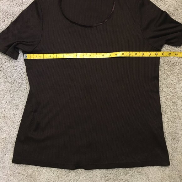 Dark Chocolate Satiny Collar Ribbed Short Sleeve Top - Picture 12 of 15